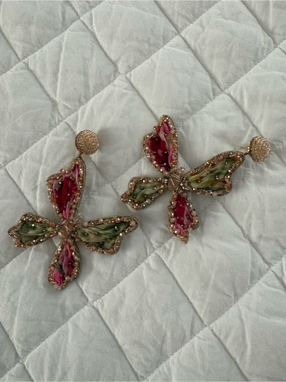 Handcrafted Pink and Green Crystal Butterfly Earrings
